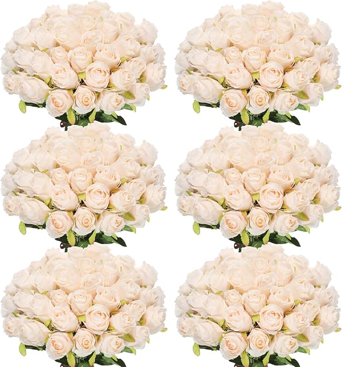 Jexine 50 Pcs Artificial Rose Flower Bulk Realistic Silk Fake Roses with Long Stem Plastic Artificial Flower Bouquet Real Looking for Home Wedding Centerpieces Party Decoration(Beige Champagne)