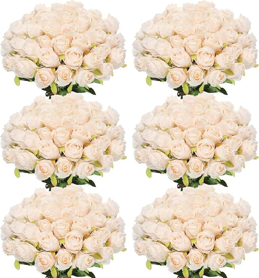Jexine 50 Pcs Artificial Rose Flower Bulk Realistic Silk Fake Roses with Long Stem Plastic Artificial Flower Bouquet Real Looking for Home Wedding Centerpieces Party Decoration(Beige Champagne)
