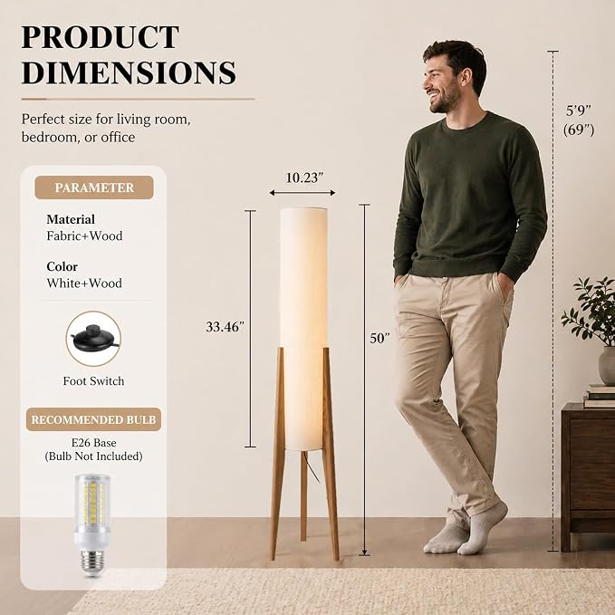 MIXL-Tripod Wooden Tall Floor Lamp,Fabric Drum Shade Corner Standing Lamp,Farmhouse Style Floor Light for Nursery and Study Room