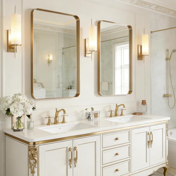 USHOWER Gold Bathroom Mirrors 24"x36" 2 Pack, Brushed Champagne Gold Rectangle Mirrors for Over Sink, Aluminum Frame, Anti-Rust, Tempered Glass, Horizontal or Vertical Mounted