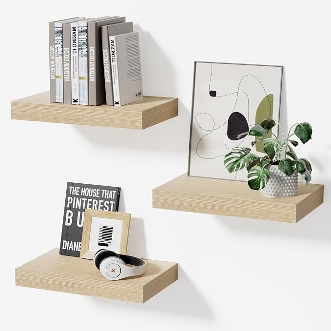 Oak Floating Shelves for Wall Set of 3, 11.8 Inch Small Wood Wall Shelves for Bathroom Over Toilet, Kitchen & Bedroom Storage, Wall Mounted Shelves for Spice Jars, Plants & Decor