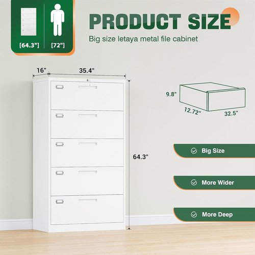 Letaya Lateral 5 Drawer File Cabinet - Secure Metal Filing Storage for Home Office | White Finish