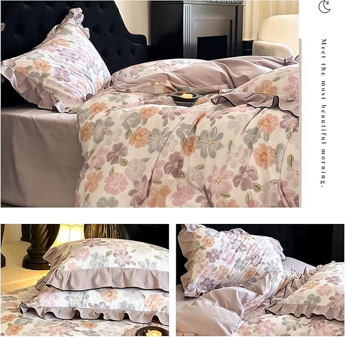 HighBuy Cottagecore Floral Ruffle Duvet Cover Queen for Kids Girls,Coquette Bedding Ruffle Duvet Cover Set Shabby Chic Brushed Cotton Bedding Set Breathable Durable Luxury with Zipper
