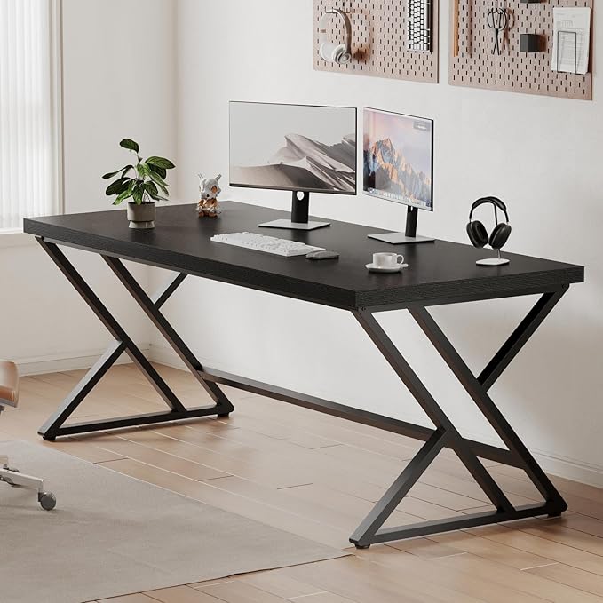 LVB Modern Black Computer Desk, Long Industrial Home Office Desk for Student, Large Metal Wood Writing Study Computer Table, Farmhouse Executive Simple Gaming PC Work Desk for Bedroom, Black, 60 Inch