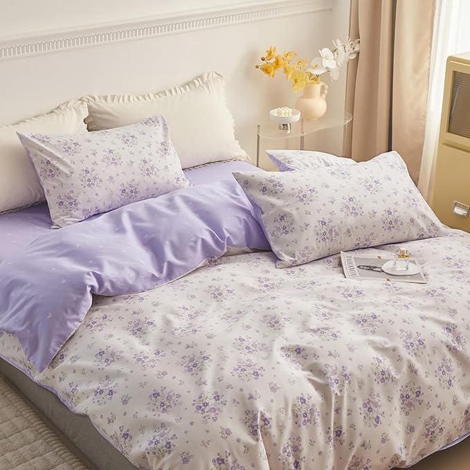 Purple Flower Duvet Cover Twin Soft Cotton Girls Floral Duvet Cover Garden Style Lavender Comforter Cover Vintage Purple Floral Bedding Set Aesthetic Botanical Comforter Cover with 2 Pillowcases