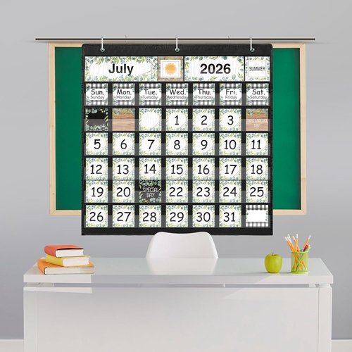 Fulmoon Classroom Calendar Pocket Chart Set - Seasonal & Weather Bulletin Board | Black & Eucalyptus