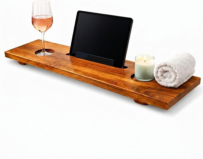 Teak Bathtub Tray for Tub, 40" Solid Teak Wood Bath Caddy Tray with Tablet & Wine Glass Holder, Water-Resistant Bath Tub Tray Wood for Spa Bathroom Accessories