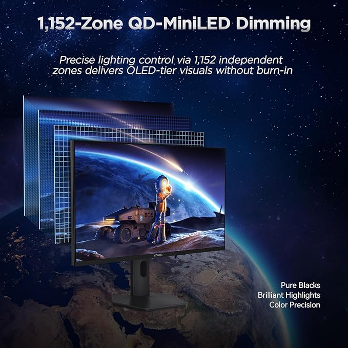 KOORUI 27" 4K QD-Mini LED Gaming Monitor - Dual-Mode (UHD 160Hz or FHD 320Hz), 1ms, 99% Adobe RGB, HDR1400, 90W USB-C, HDMI 2.1/DP1.4, VESA, Tilt Height Swivel Vertical Adjustment, Black, S2741LM