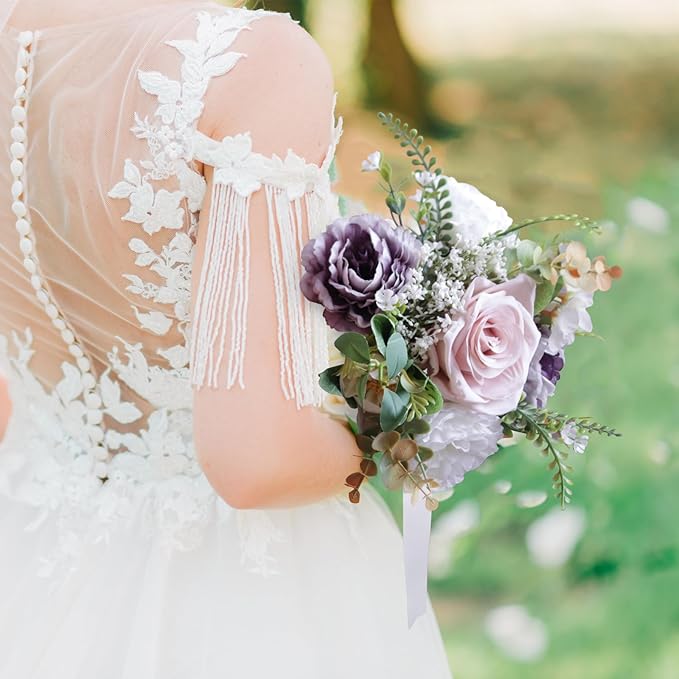 Wedding Bouquets for Bride, Purple & Ivory & Pink Bridal Bridesmaid Wedding Flowers, Artificial Toss Rose for Civil Ceremony, Multicolor, Home Decor