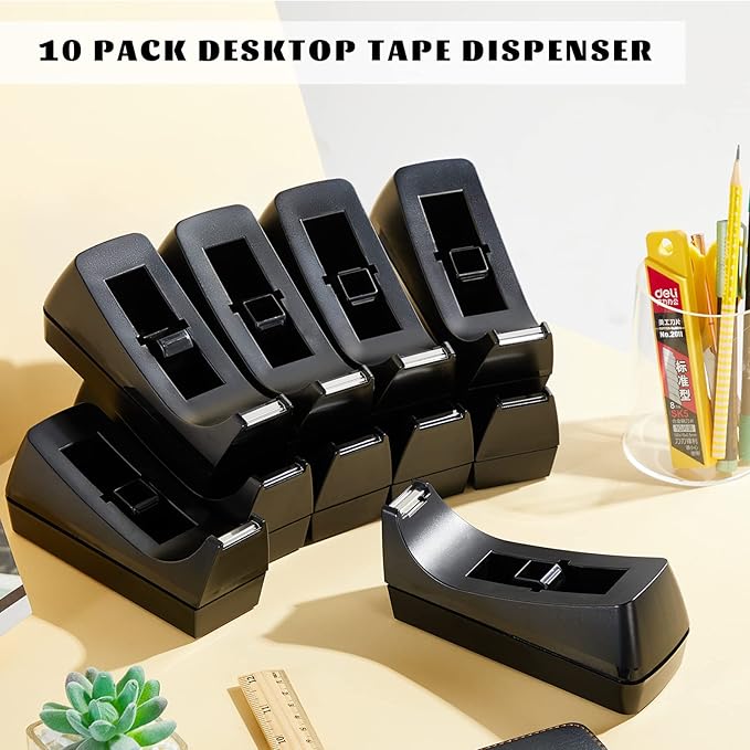 Lanties 10 Pack Desktop Tape Dispensers Non Skid Base for Office Home School (Tape Not Included) (Black)