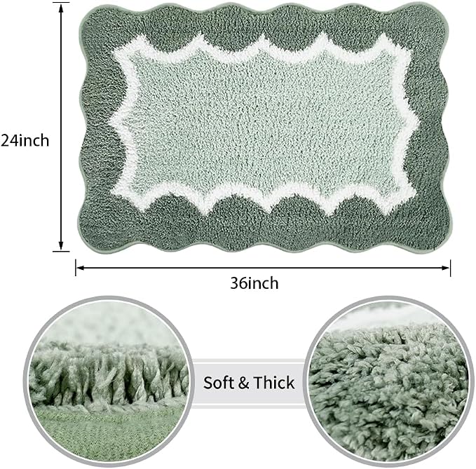 Cute Scalloped Green Bathroom Rugs Mat,Non Slip Absorbent Quick Dry Bath Mats for Shower Room,Plush Microfiber Bath Rug for Bathroom Floor Washable Carpet for Shower Tub Sink Bedroom,24"x36"