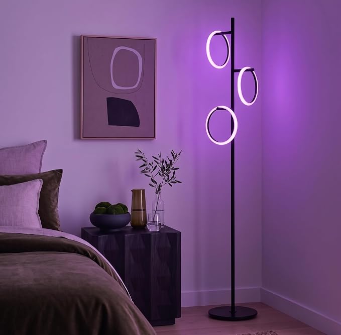 Brightech Saturn Modern Color Changing Floor Lamp - Tall Tree LED Lamp Perfect for Living Room Decor - Beautiful RGB Color Gradient and 3 LED Lights for Bedroom, Office, Reading - Black