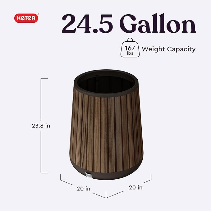 Keter Signature Conic 23.8 Inch Tall Round Large Wood Look Planter for Indoor or Outdoor Flower Pot Ideal for Patio Deck and Front Porch Decor, Rosewood