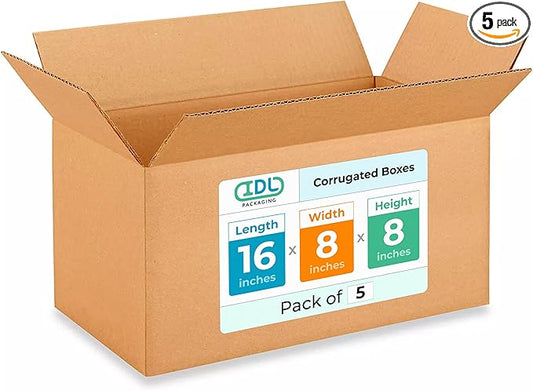 Medium Moving & Shipping Boxes 16 x 8 x 8 inches (5-Pack) - Extra Strength 200 lb vs Regular - Corrugated Strong Cardboard Boxes Moving and Delivering - Square Box - Cartons Box by IDL Packaging