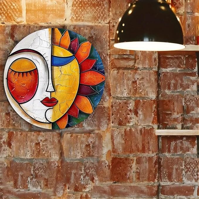 Sun and Moon Abstract Metal Wall Art - 8x8 Iron Sign for Home Decor, Waterproof & Weather-Resistant, Hippie Theme with HD Print Texture, White