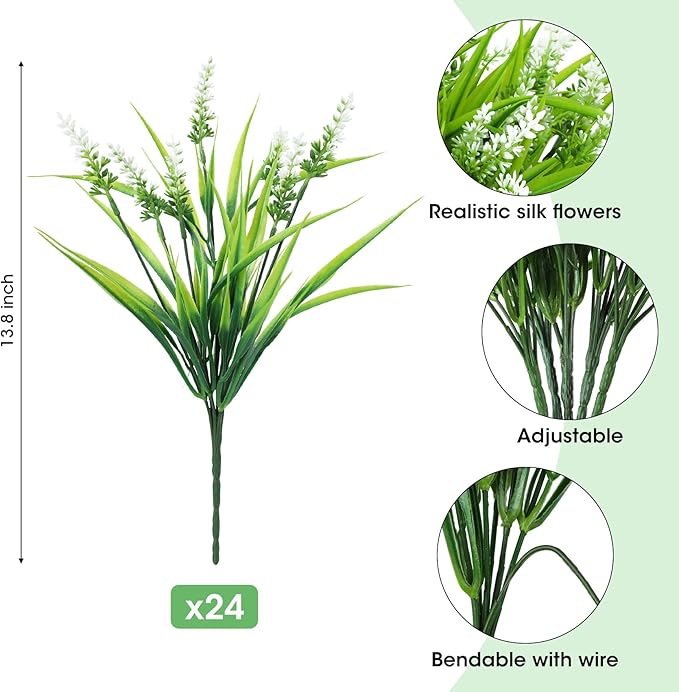 Ouddy Decor 24 Bundles Artificial Flowers for Outdoors, Fake Lavender Flowers Monkey Grass Faux Plastic Plants Shrubs UV Resistant for Porch Garden Window Box Office Home Decorations, White