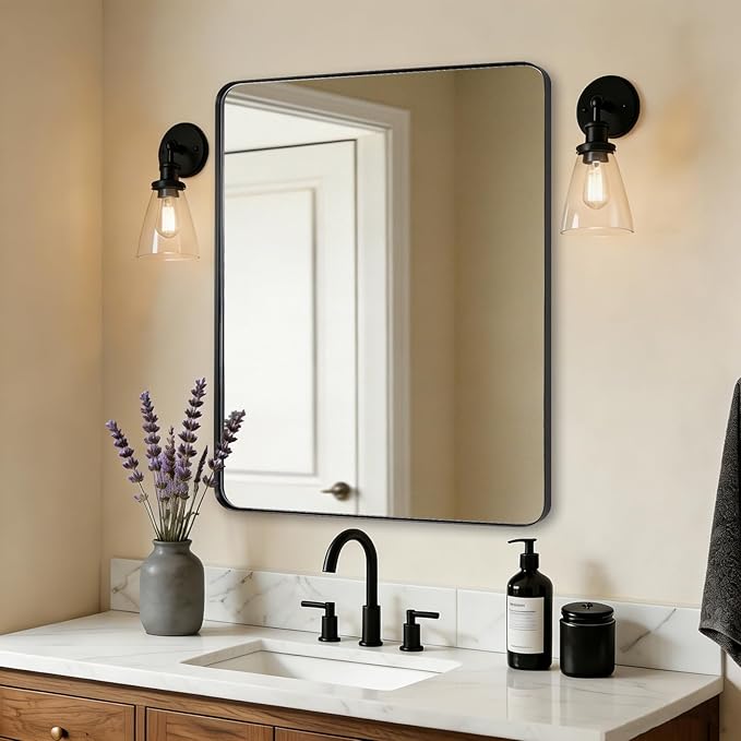 ANDY STAR Wall Mirror for Bathroom, 20”x28” Black Bathroom Mirror, Rounded Rectangle Mirror in Premium Stainless Steel Metal Frame Hangs Horizontal Or Vertical
