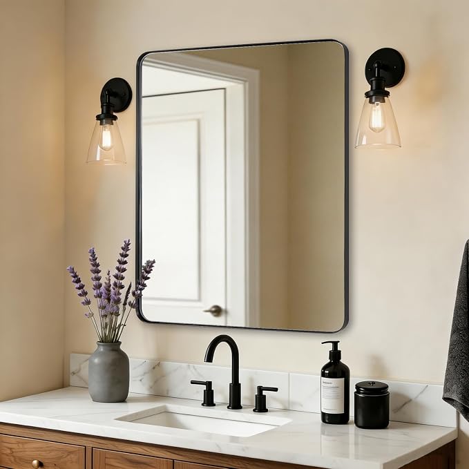 ANDY STAR Black Bathroom Mirrors for Over Sink, 24x32 Inch Matte Black Mirror for Bathroom, Rectangle Metal Vanity Mirror for Wall-Modern Clean Design with Superior Stainless Steel Frame