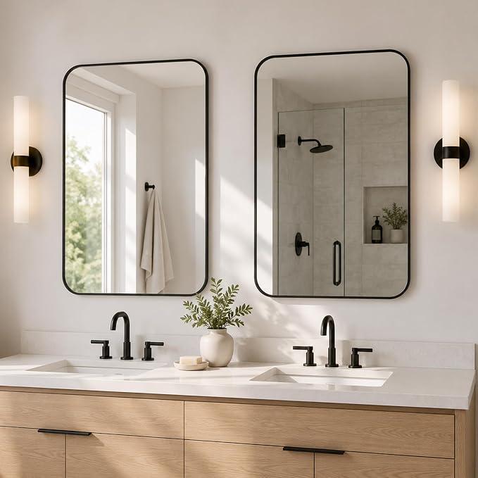2-Pack 22x30 Inch Matte Black Bathroom Vanity Mirrors | Flush Mount Deep Set Metal Wall Mirror for Over Sink | HD Shatterproof Glass, Rustproof