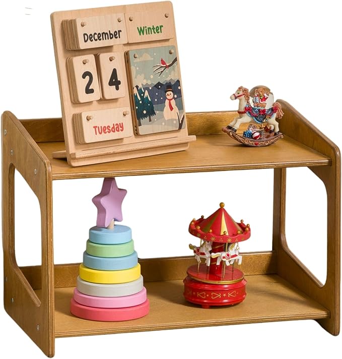 Montessori Bookshelf for Toddlers Solid Wood Toy Storage Shelf Organizer for Playroom and Classroom Floor Bookshelf for Kids Room (Oak, 2 Shelves)
