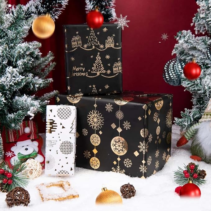 Linnoptimix Christmas Wrapping Paper Rolls -3 LARGE ROLL-27inch*78 inch per roll Colorful Foil (Christmas 2 Black/Gold + 1 White/Gold（003）)