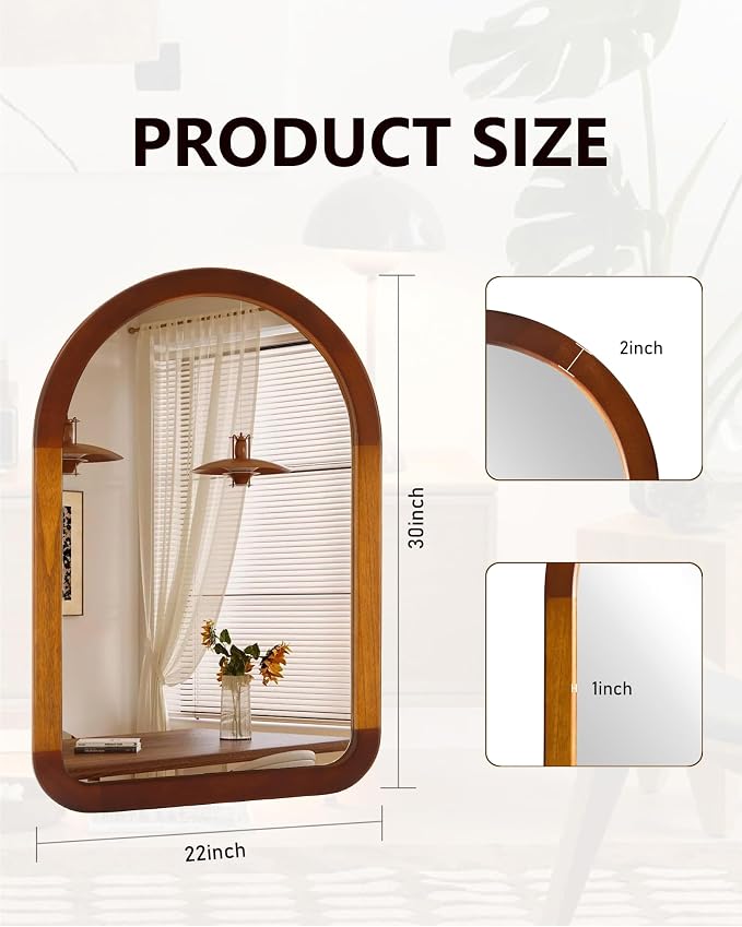 Arched Bathroom Mirror,Wood 22 x 30 Inch Arch Wall Mirror with Walnut Frame,Vanity Tempered Glass Mirror for Bedroom,Entryway,Living Room