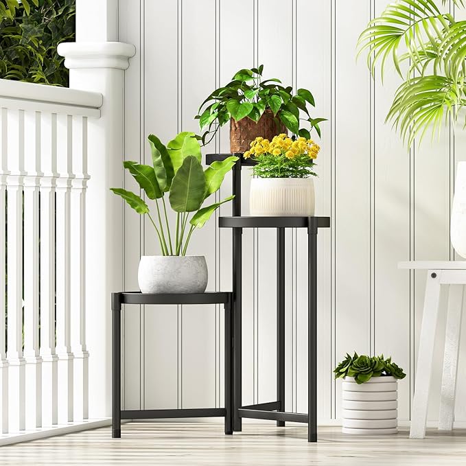 Plant Stand indoor outdoor-3 Tier black Tall Metal Flower Pot Holder 9in Wide Potted Display Rack - Heavy Duty Corner Plant Shelf for Patio Garden Balcony Living Bedroom Room