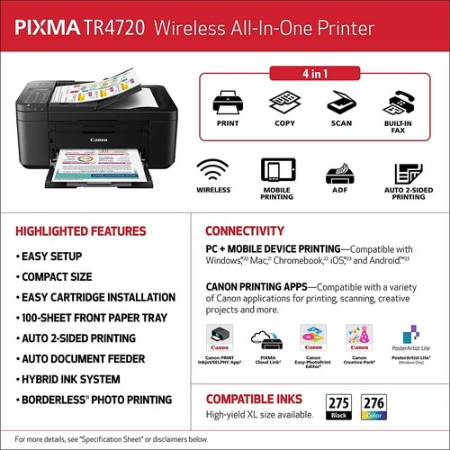 Canon PIXMA TR4720 All-in-One Wireless Color Inkjet Printer - Print, Copy, Scan, Fax | 4800 x 1200 dpi, Black
