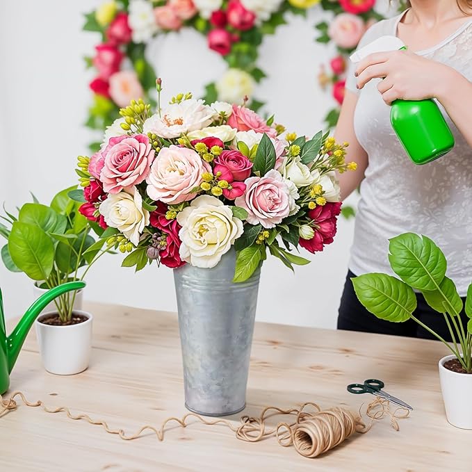 Plexon 9" Tall Galvanized Metal Vase for Flowers, Metal Flower Container with Handles, Farmhouse French Tin Vases for Flowers Ideal for Sparkler Bucket Wedding Home Decor, Set of 6