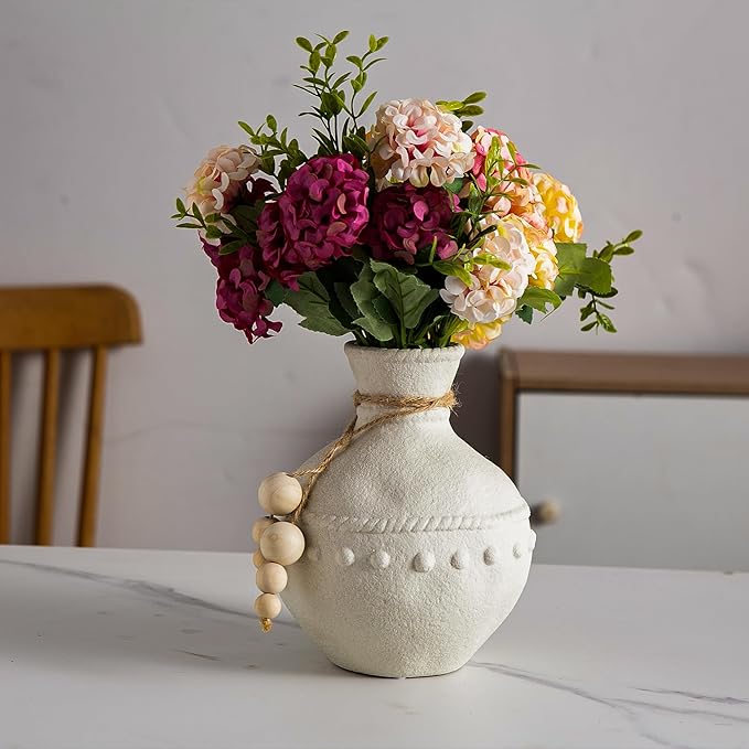 Rustic Ceramic Vase with Boho Wooden Beads, Matte Decorative Pottery for Modern Farmhouse and Bohemian Decor, Floral Arrangements, Living Room, Dining Table Centerpieces