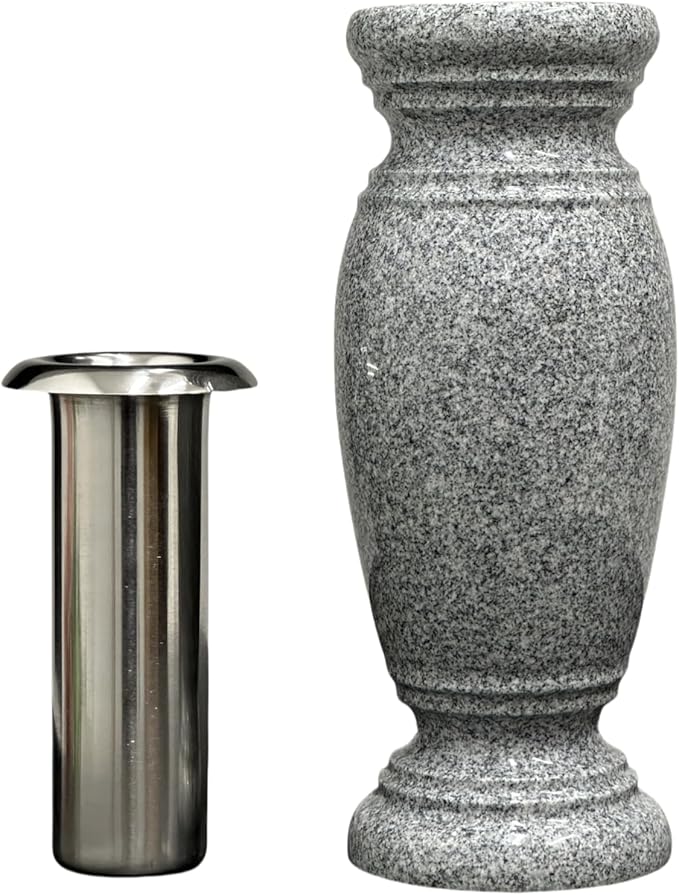 Memorial Cemetery Flower Vase - Real Granite (Grey Granite), with Stainless Steel Inner, Grave Marker, Decorations for Gravesite, Headstone Flowers Holder, Garden Lawn & Yard (4.5x4.5x10)