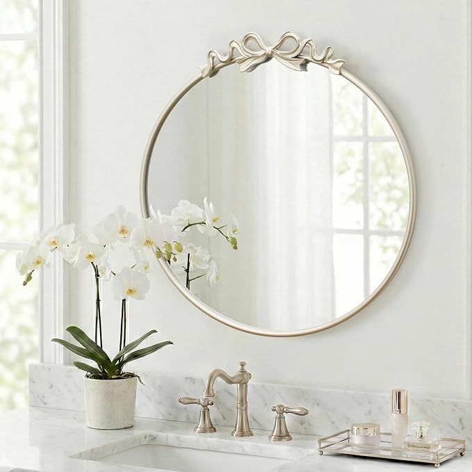 Besdomus Antique Large Wall Mirror: 27" Champagne Silver Bow Vintage Wall Mounted Mirror - Baroque Traditional Ornate for Fireplace/Bathroom/Living Room - Home Decor for Fashion-Conscious