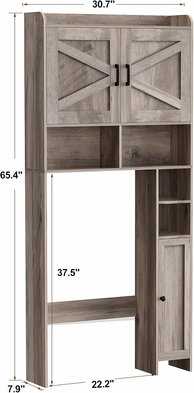Homhedy Over The Toilet Storage Cabinet with 2 Barn Door and Toilet Paper Holder Stand, FreeStanding Toilet Shelf Space Saver, for Bathroom, Restroom, Laundry, Greige