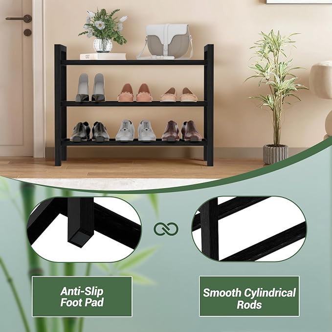 Haddockway Bamboo Shoe Rack for Closet, Free Standing Shoe Organizer with Smooth Round Rods & Convenient Handles, Stackable Shoe Storage Shelf for Entryway, Hallway(Black, 3-Tier(Small))