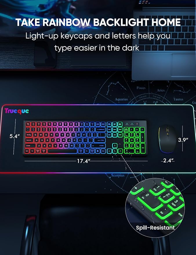 Wireless Keyboard and Mouse Combo, RGB Backlit, Rechargeable & Light Up Letters, Full-Size, Soft Typing, Sleep Mode, 2.4GHz Quiet Keyboard Set for Mac, Windows, Laptop, PC, Trueque (Black)