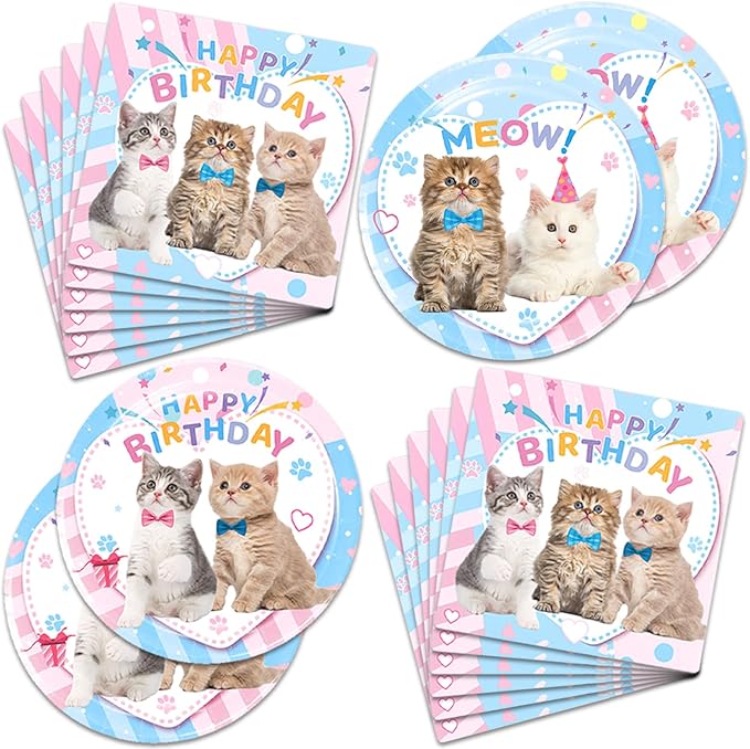 40Pcs Cat Birthday Decorations Pink and Blue Meow Baby Shower Plates and Napkins Party Supplies Cat Birthday Party Decorations