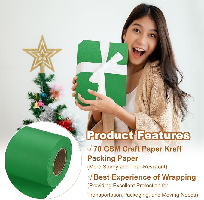 PATIKIL Wrapping Paper, 12" x 500"(42') 70 GSM Craft Paper Roll Kraft Packing Paper for Poster Bulletin Board, Gift Wrapping, Green
