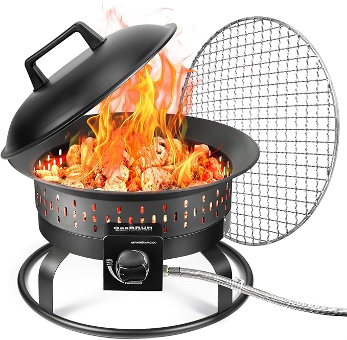 GasBRUH 19″ Outdoor Portable Propane Fire Pit with Grill Grate, Cover&Carry Kit,Fireplace,60,000 BTU Camping Propane Firepit,Portable Gas Fire Pit for Outside Patio,Camping,RV,Smokeless Gas Firebowl