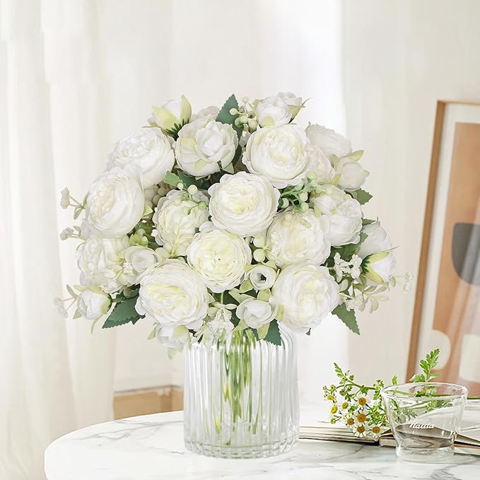 SOMYTING Peonies Artificial Flowers, Fake Flowers White Peonies Faux Flowers Vintage Artificial Silk Flower Peonies Bouquets Floral Arrangements Home Wedding Party Coffee Table Decor (White, 4PCS)