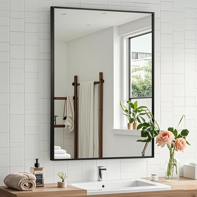 Black Bathroom Mirror, 30"x36" Rectangle Mirror, Matte Black Mirror, Metal Frame Square Corner Vanity Mirror, Wall Mounted Mirror for Modern, Living Room, Bedroom, Horizontal Or Vertical