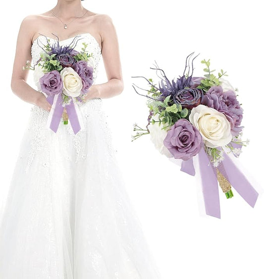 Bridesmaid Bouquets for Wedding 1 Pack - 9 Inch Artificial Flowers Bouquets for Ceremony Anniversary Centerpieces Decorations - Dusty Purple