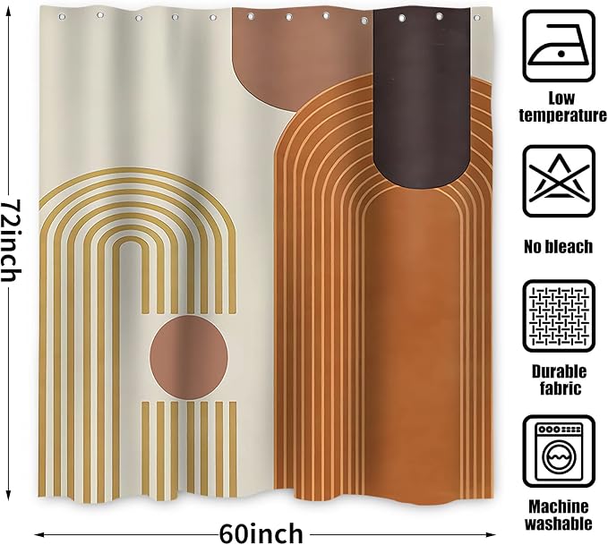 Mid Century Modern Shower Curtain, Boho Brown Abstract Arch Geometric Machine Washable Waterproof Stall for Bathroom Bathtub with Hooks 60Wx72H