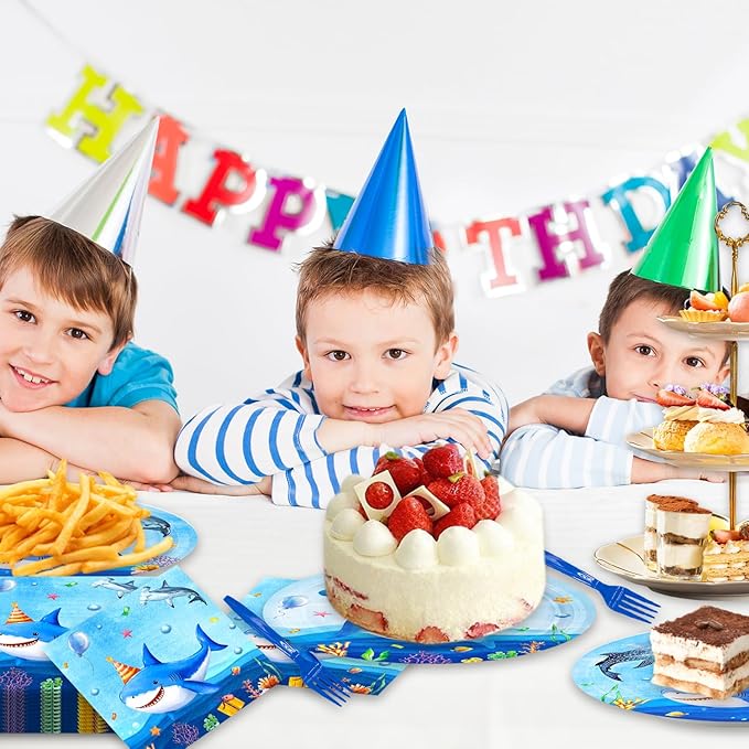 48Pcs Shark Birthday Party Decorations Include Plates Napkins Forks for Baby Shower Summer Pool Party Decor Serves 16 Guests