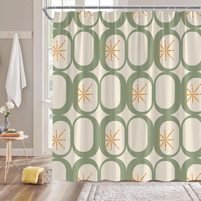 Mid Century Shower Curtain Modern Abstract Atomic Starbursts Squares Retro 50s Geometric Bathroom Decor Polyester Curtains with Hooks