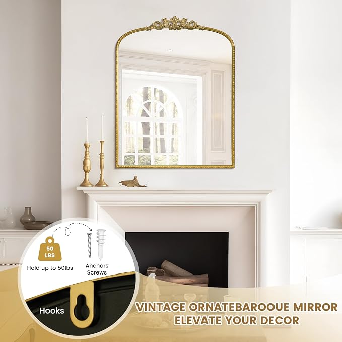WallBeyond Gold Vintage Mirror for Vanity 28x36 Inch, Gold Antique Mirror with Ornate Frame, Arched Vintage Wall for Bathroom, Living Room, Fireplace, Entryway