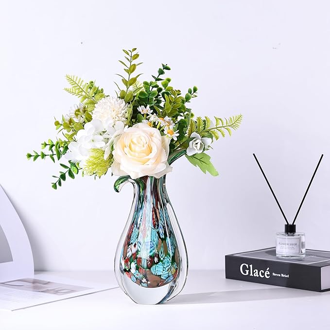 Green Hand Blown Glass Vase – Oval Decorative Art Glass for Centerpieces, Murano Inspired Decor for Dining Room, Entryway Table, or Shelf, Handmade Glass Vase for Home Display (Teal Green)