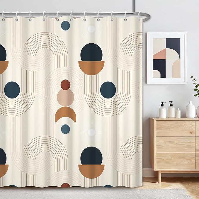 Abstract Mid Century Shower Curtain, Boho Geometric Arch Beige Retro Bathroom Shower Curtains, Morden Minimalist Hotel Style Polyester Shower Curtain, Waterproof Fabric with Hooks, 72" W x 72" L