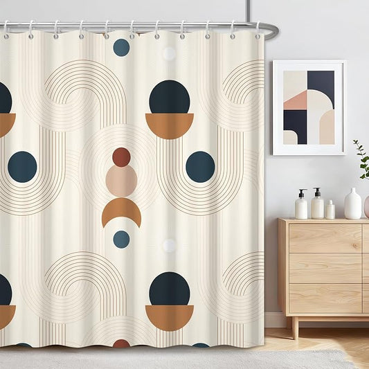 Abstract Mid Century Shower Curtain, Boho Geometric Arch Beige Retro Bathroom Shower Curtains, Morden Minimalist Hotel Style Polyester Shower Curtain, Waterproof Fabric with Hooks, 72" W x 72" L