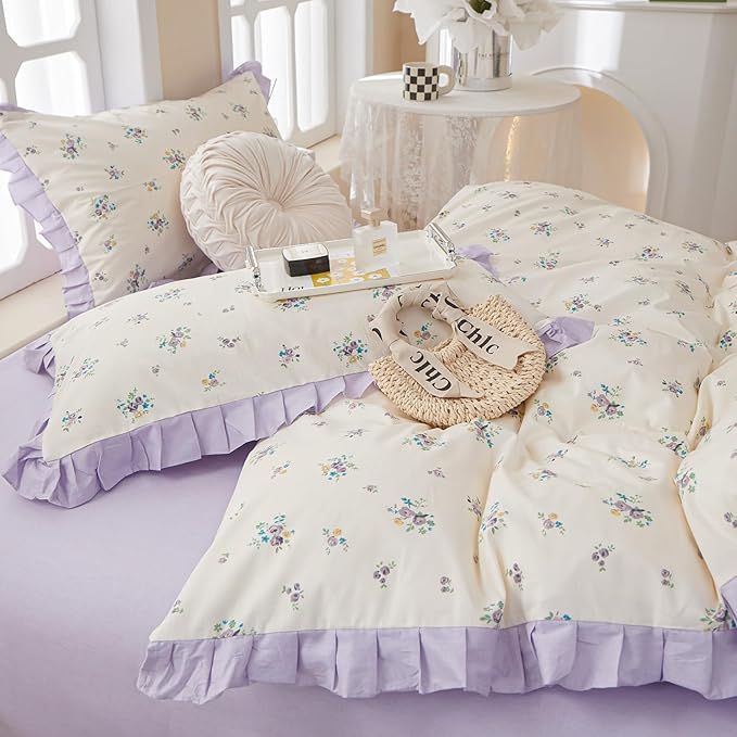 Purple Lace Duvet Cover Queen Soft 100% Cotton Purple Flower Duvet Cover Girls Floral Comforter Cover Garden Style Princess Bedding Set Cottagecore Flower Ruffle Comforter Cover with Zipper Closure