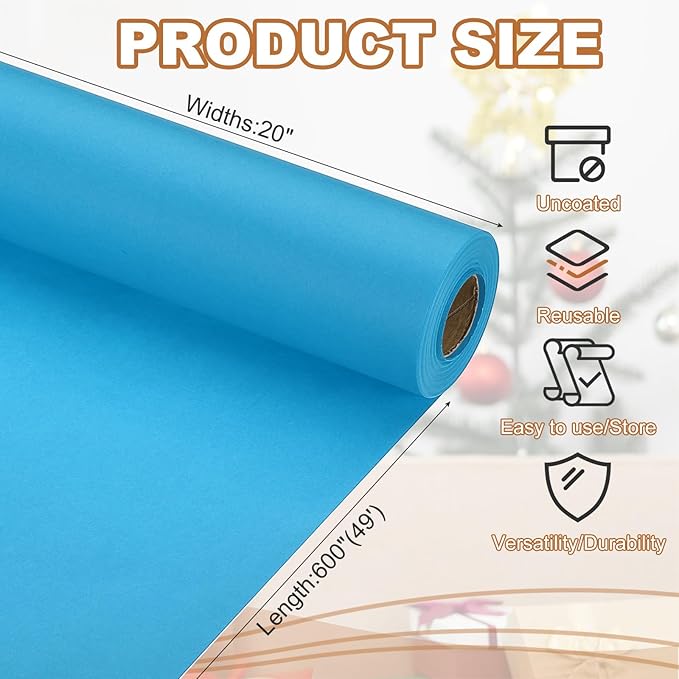 PATIKIL Wrapping Paper, 20" x 600"(49') 70 GSM Craft Paper Roll Kraft Packing Paper for Poster Bulletin Board, Gift Wrapping, Light Blue
